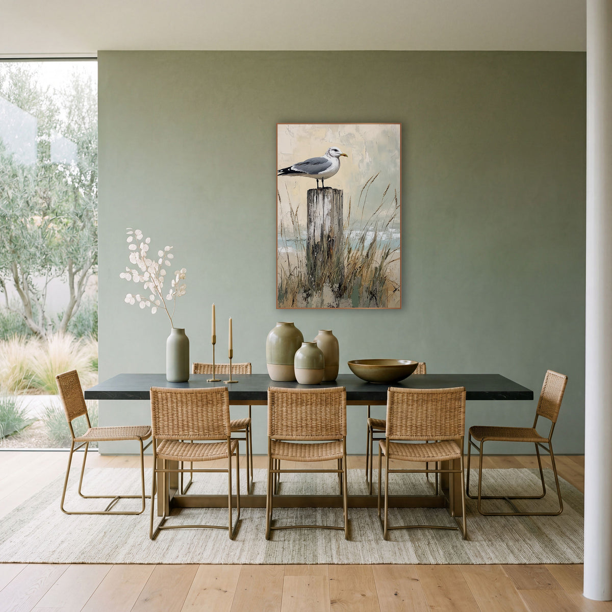 Gull Dune Shoreline Coastal wall art in a bright coastal-style room – seagull perched on a weathered wooden post among