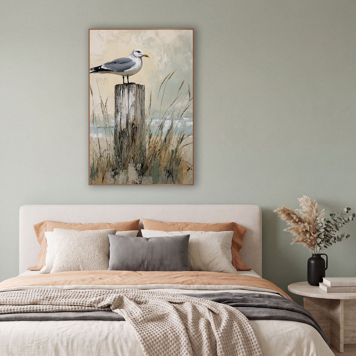 Gull Dune Shoreline Coastal wall art in a bright coastal-style room – seagull perched on a weathered wooden post among