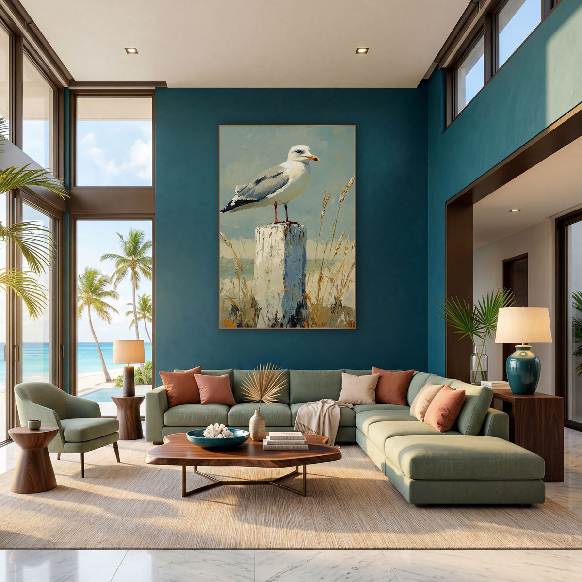 Orange Beaked Gull Wheat Coastal wall art in a bright coastal-style room – white and gray seagull standing