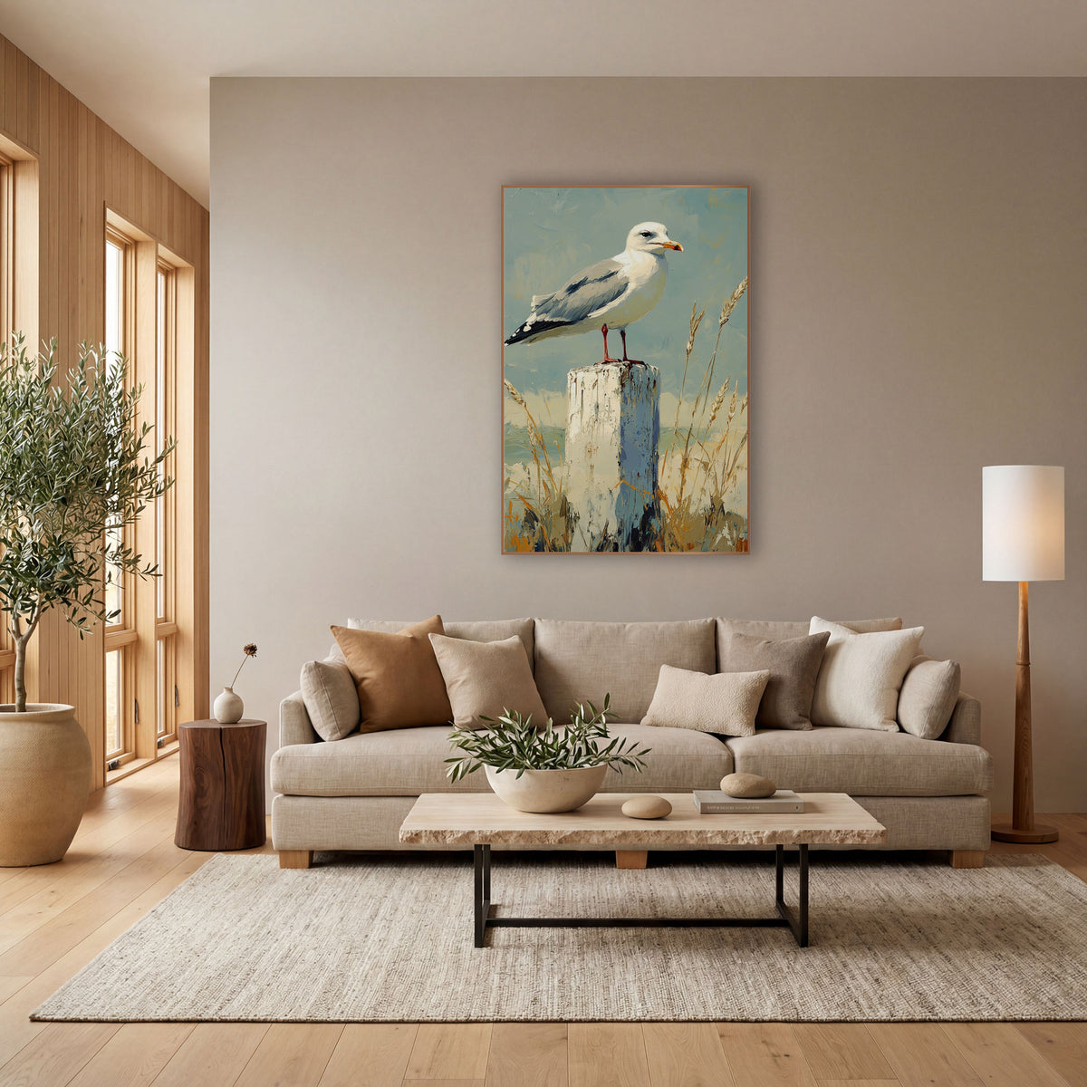 Orange Beaked Gull Wheat Coastal wall art in a bright coastal-style room – white and gray seagull standing