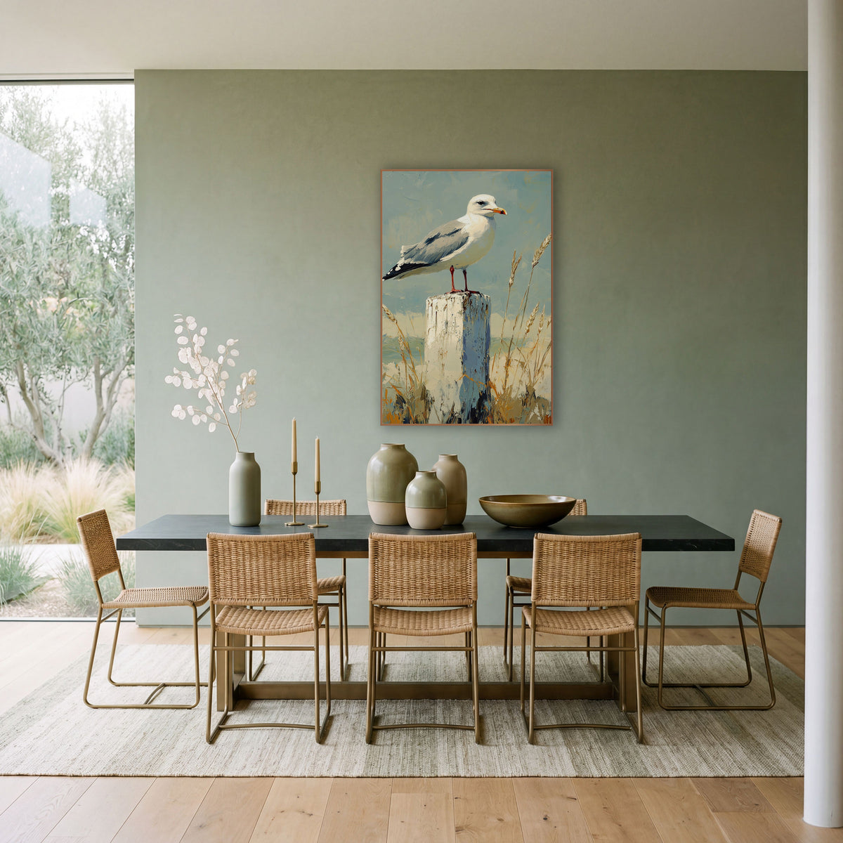 Orange Beaked Gull Wheat Coastal wall art in a bright coastal-style room – white and gray seagull standing