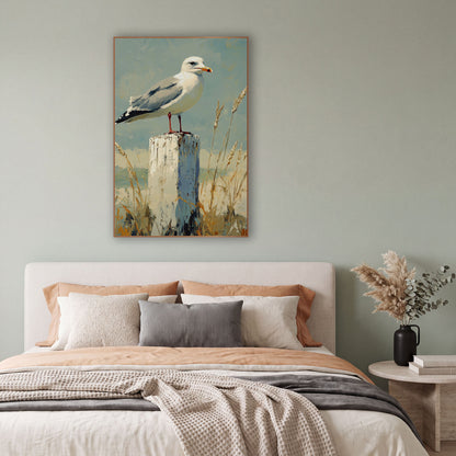 Orange Beaked Gull Wheat Coastal wall art in a bright coastal-style room – white and gray seagull standing