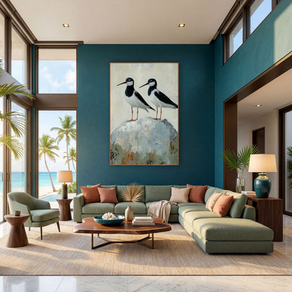 Twin Stilts Gray Boulder Coastal wall art in a bright coastal-style room – two black and white shorebirds with long
