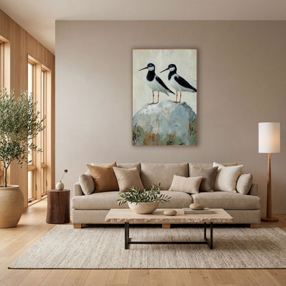 Twin Stilts Gray Boulder Coastal wall art in a bright coastal-style room – two black and white shorebirds with long