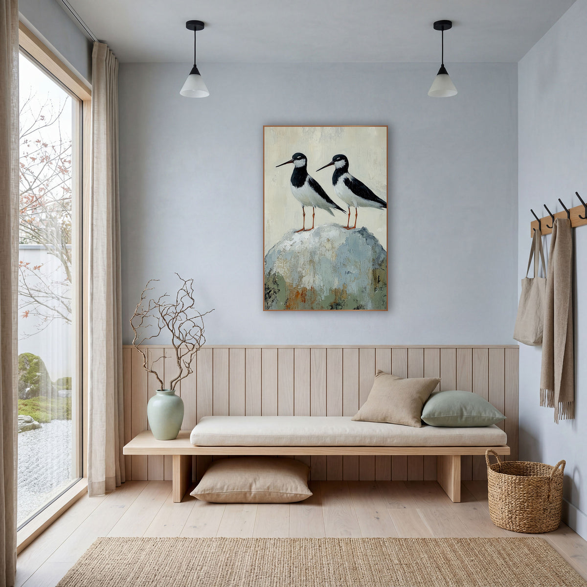 Twin Stilts Gray Boulder Coastal wall art in a bright coastal-style room – two black and white shorebirds with long
