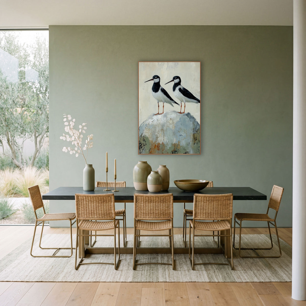 Twin Stilts Gray Boulder Coastal wall art in a bright coastal-style room – two black and white shorebirds with long