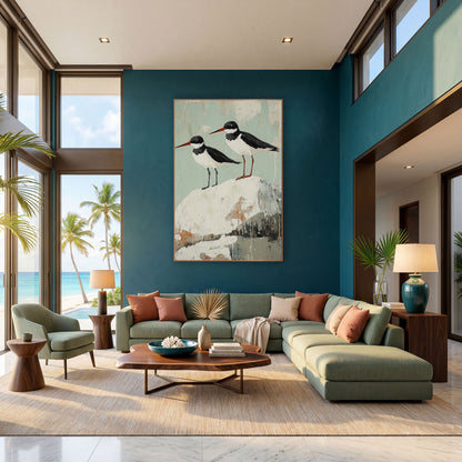 Red Beak Oystercatchers Seafoam Coastal wall art in a bright coastal-style room – two black and white shorebirds
