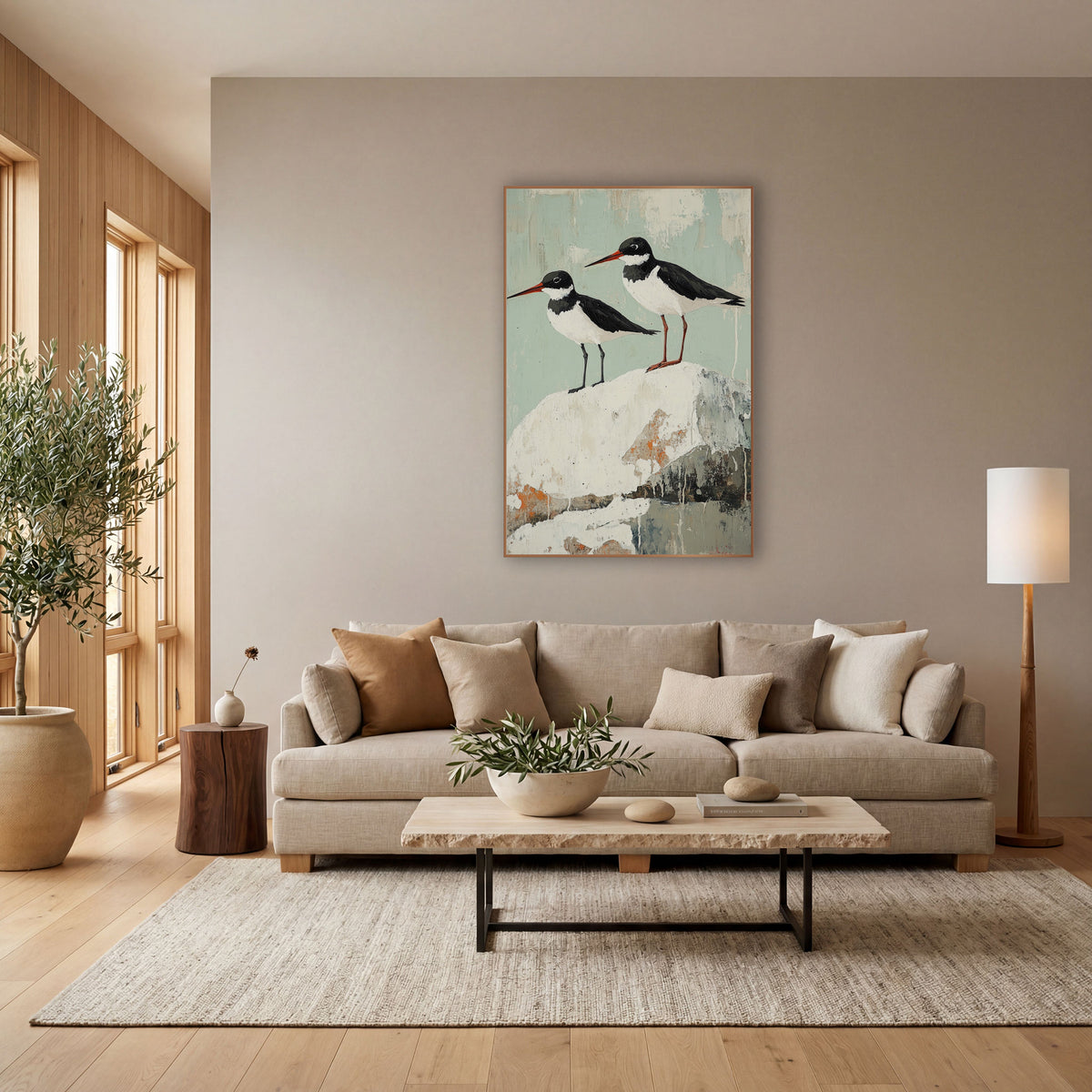 Red Beak Oystercatchers Seafoam Coastal wall art in a bright coastal-style room – two black and white shorebirds