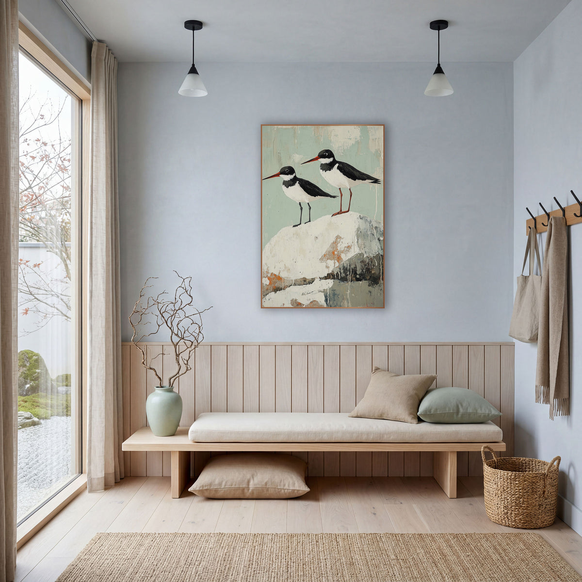 Red Beak Oystercatchers Seafoam Coastal wall art in a bright coastal-style room – two black and white shorebirds