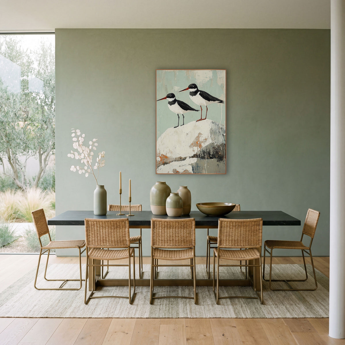 Red Beak Oystercatchers Seafoam Coastal wall art in a bright coastal-style room – two black and white shorebirds