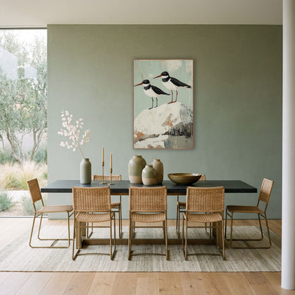 Red Beak Oystercatchers Seafoam Coastal wall art in a bright coastal-style room – two black and white shorebirds