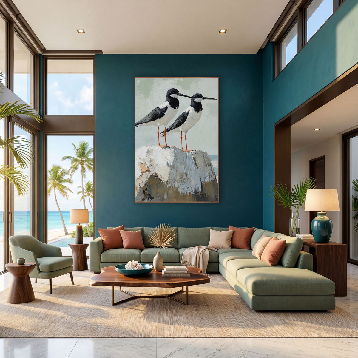 Black White Shorebird Pair Coastal wall art in a bright coastal-style room – two black and white shorebirds
