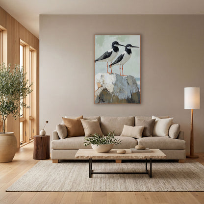 Black White Shorebird Pair Coastal wall art in a bright coastal-style room – two black and white shorebirds