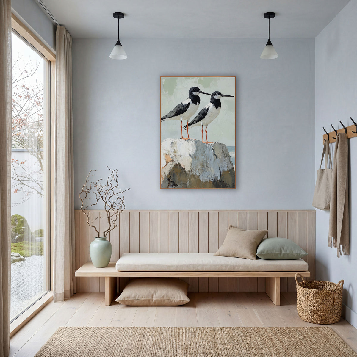 Black White Shorebird Pair Coastal wall art in a bright coastal-style room – two black and white shorebirds