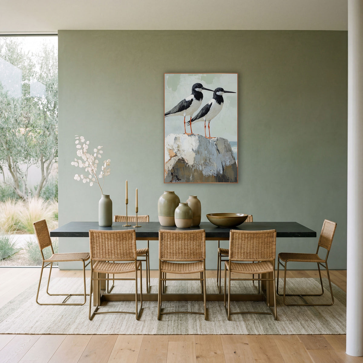 Black White Shorebird Pair Coastal wall art in a bright coastal-style room – two black and white shorebirds