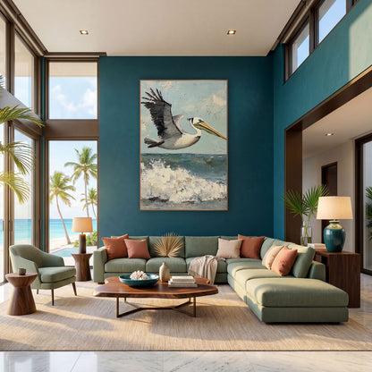 Pelican Wings Raised Coastal wall art in a bright coastal-style room – brown pelican with raised wing flying
