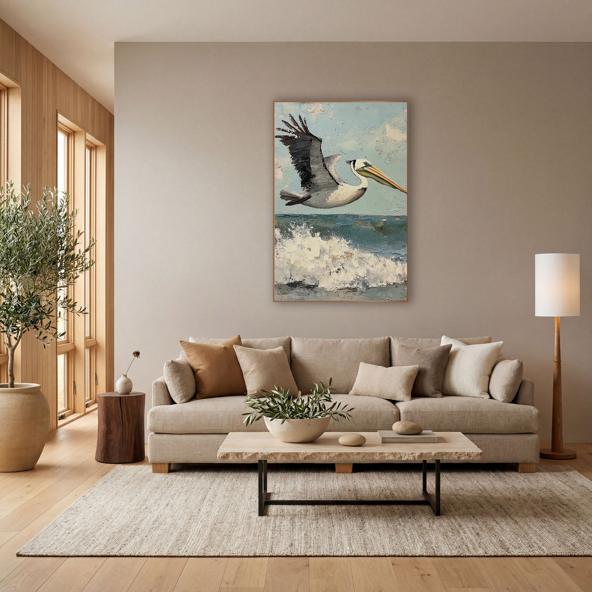 Pelican Wings Raised Coastal wall art in a bright coastal-style room – brown pelican with raised wing flying
