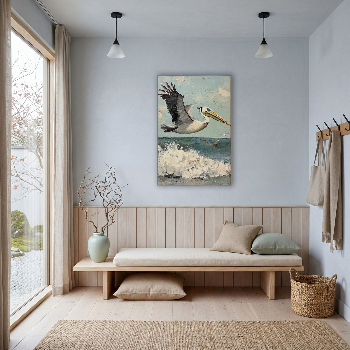 Pelican Wings Raised Coastal wall art in a bright coastal-style room – brown pelican with raised wing flying