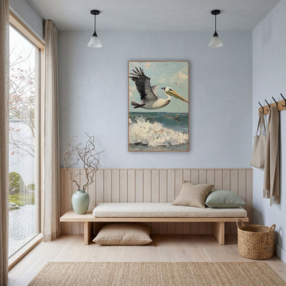Pelican Wings Raised Coastal wall art in a bright coastal-style room – brown pelican with raised wing flying