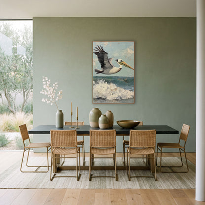 Pelican Wings Raised Coastal wall art in a bright coastal-style room – brown pelican with raised wing flying