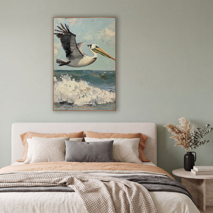 Pelican Wings Raised Coastal wall art in a bright coastal-style room – brown pelican with raised wing flying