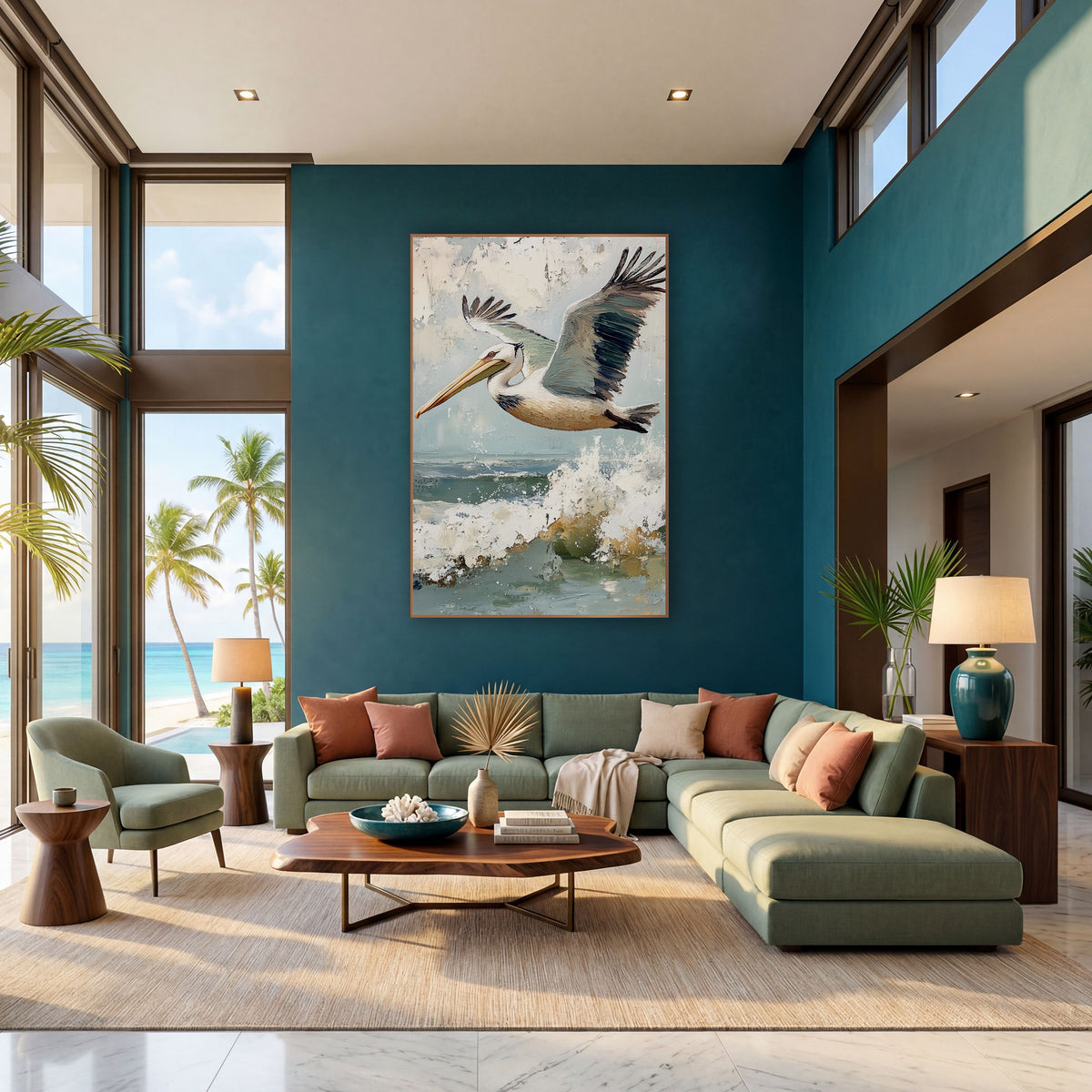 Pelican Wings Outstretched Coastal wall art in a bright coastal-style room – pelican flying over a breaking ocean wave