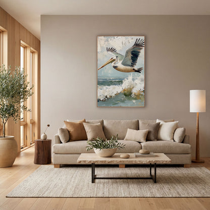 Pelican Wings Outstretched Coastal wall art in a bright coastal-style room – pelican flying over a breaking ocean wave