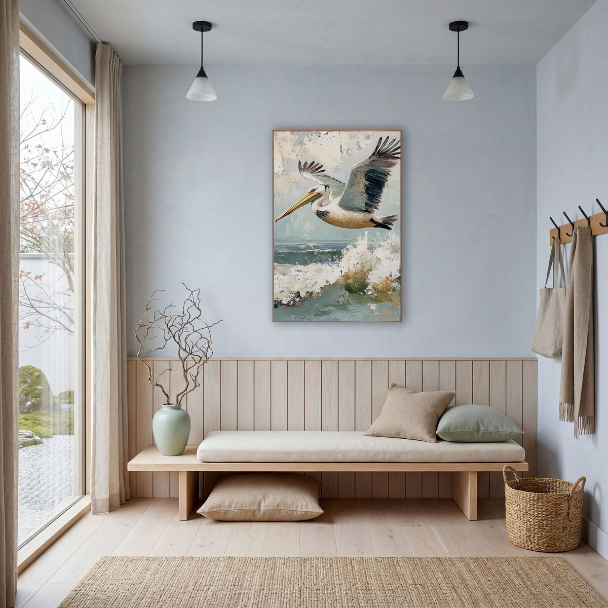 Pelican Wings Outstretched Coastal wall art in a bright coastal-style room – pelican flying over a breaking ocean wave
