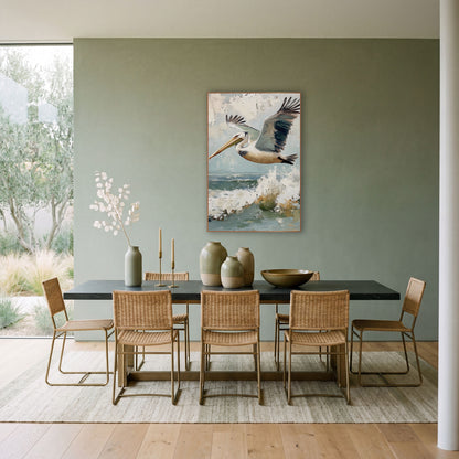 Pelican Wings Outstretched Coastal wall art in a bright coastal-style room – pelican flying over a breaking ocean wave