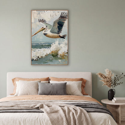 Pelican Wings Outstretched Coastal wall art in a bright coastal-style room – pelican flying over a breaking ocean wave