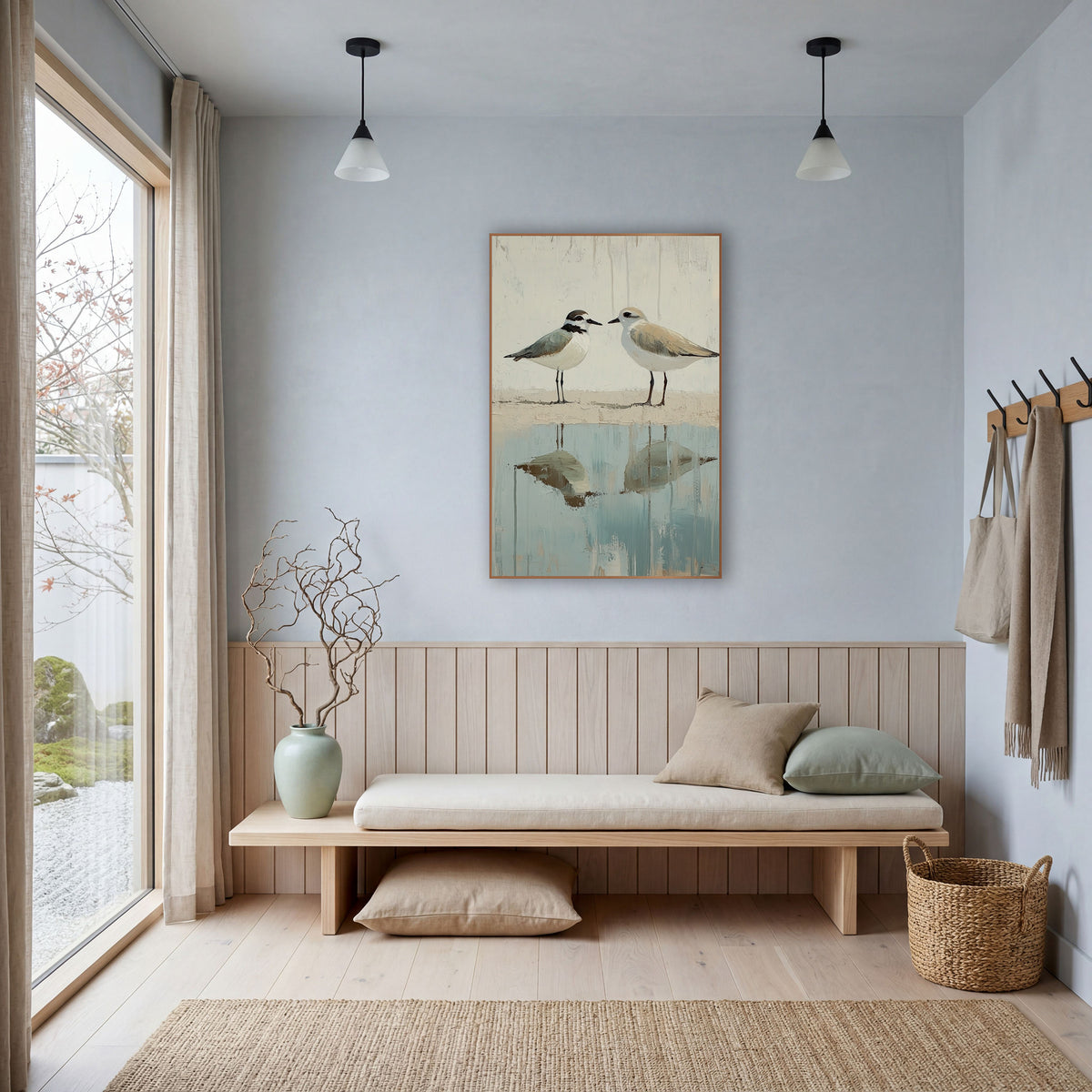 Two Plovers Coastal Shoreline Reflection wall art in a bright coastal-style room – two plovers face each other