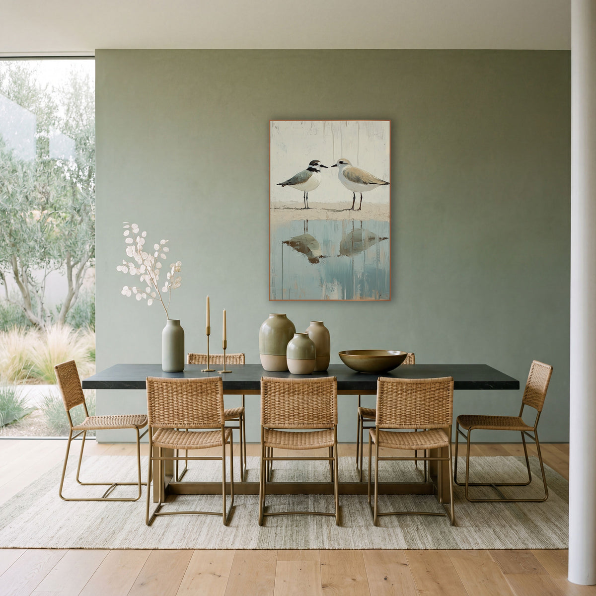 Two Plovers Coastal Shoreline Reflection wall art in a bright coastal-style room – two plovers face each other