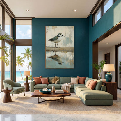 Plover Shoreline Reflection Coastal Neutral wall art in a bright coastal-style room – small plover with sage-gray back