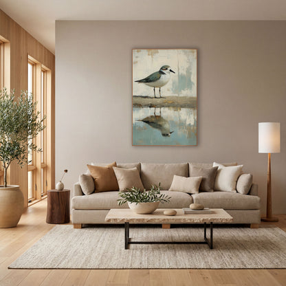 Plover Shoreline Reflection Coastal Neutral wall art in a bright coastal-style room – small plover with sage-gray back