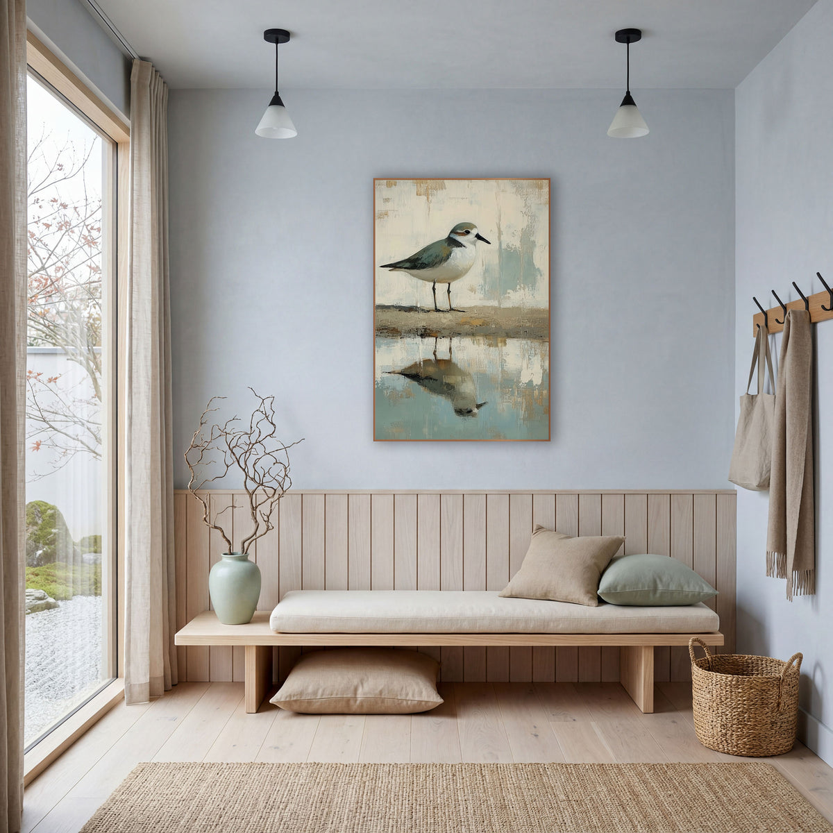 Plover Shoreline Reflection Coastal Neutral wall art in a bright coastal-style room – small plover with sage-gray back