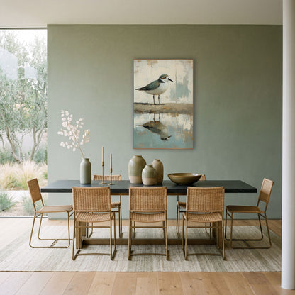 Plover Shoreline Reflection Coastal Neutral wall art in a bright coastal-style room – small plover with sage-gray back