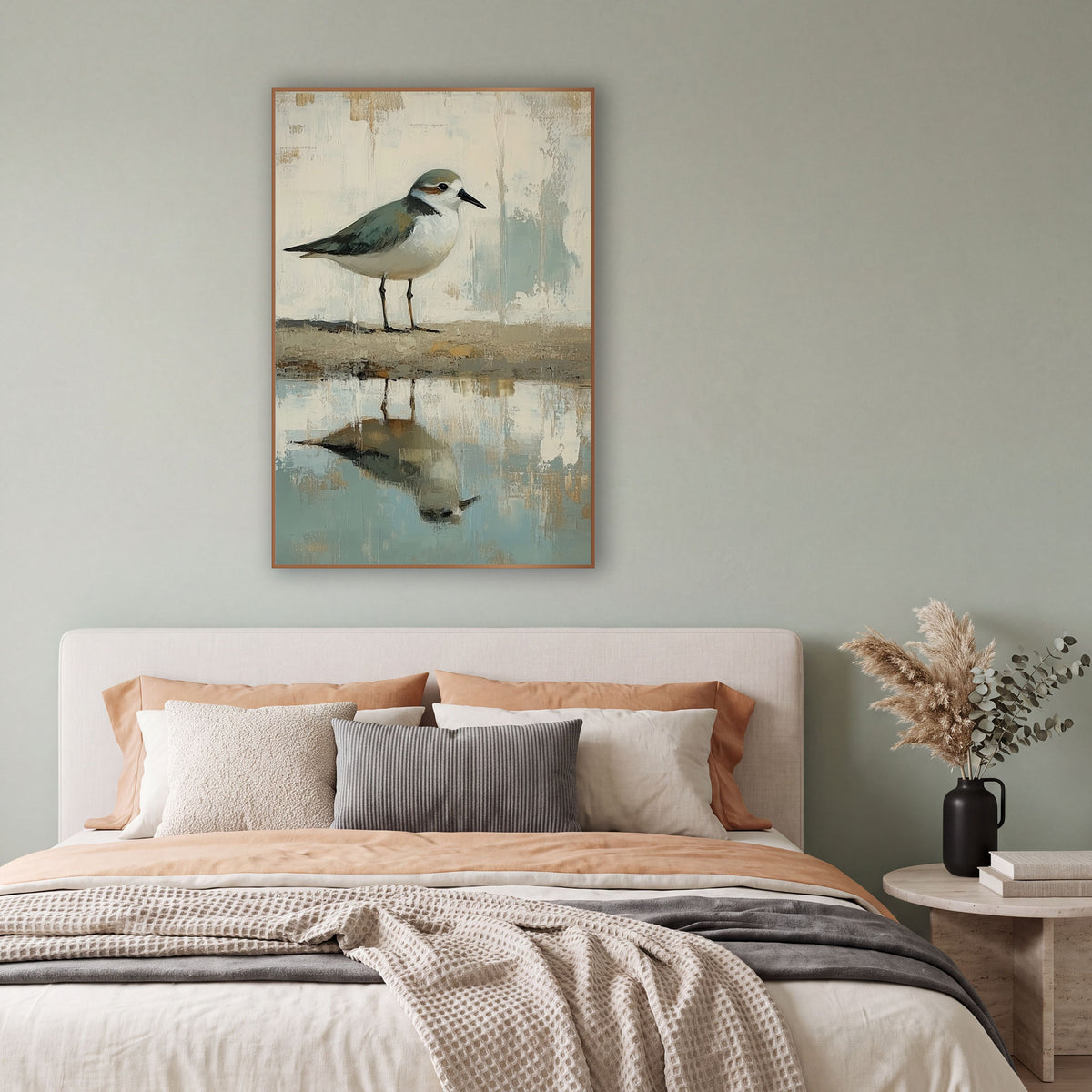 Plover Shoreline Reflection Coastal Neutral wall art in a bright coastal-style room – small plover with sage-gray back