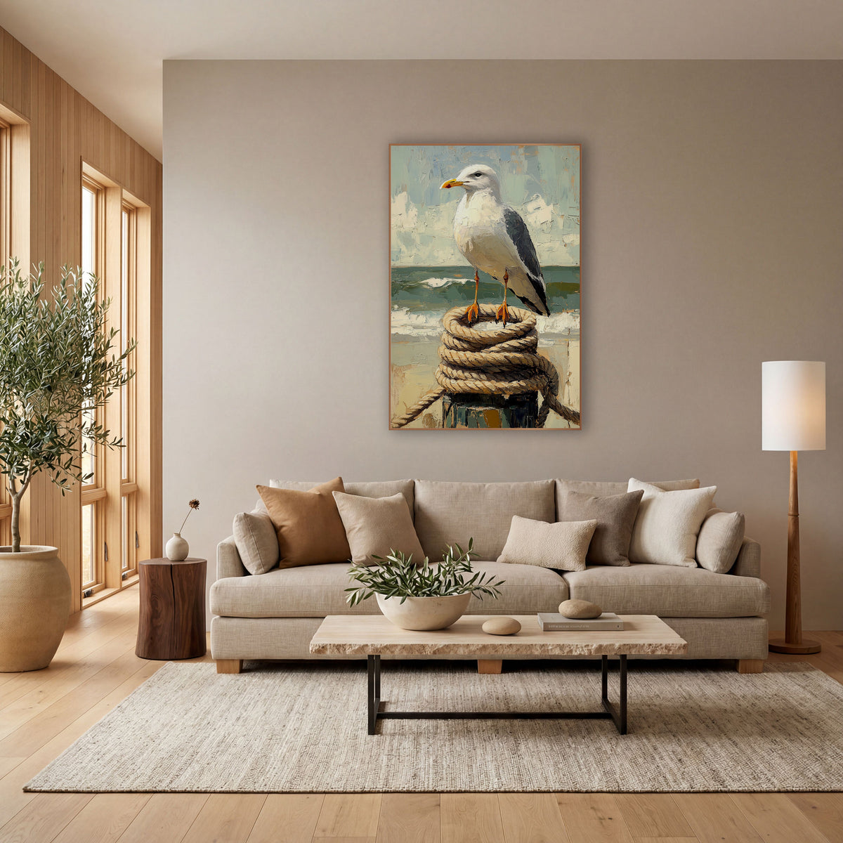 Coastal Seagull on Rope Post wall art in a bright coastal-style room – white seagull with yellow beak standing