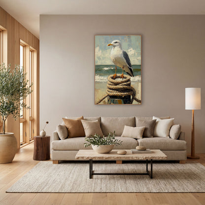 Coastal Seagull on Rope Post wall art in a bright coastal-style room – white seagull with yellow beak standing