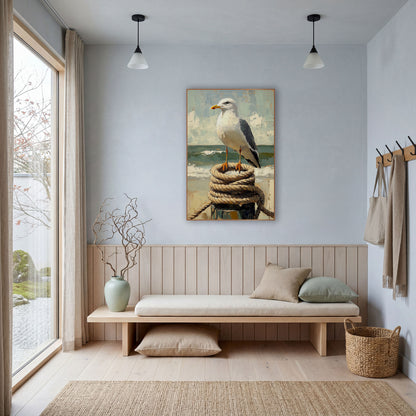 Coastal Seagull on Rope Post wall art in a bright coastal-style room – white seagull with yellow beak standing