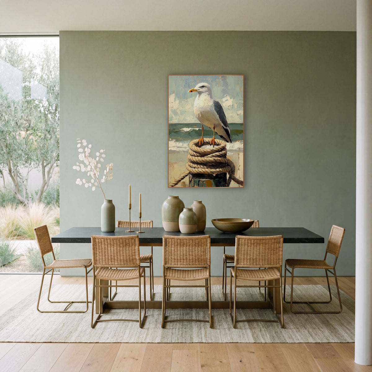 Coastal Seagull on Rope Post wall art in a bright coastal-style room – white seagull with yellow beak standing