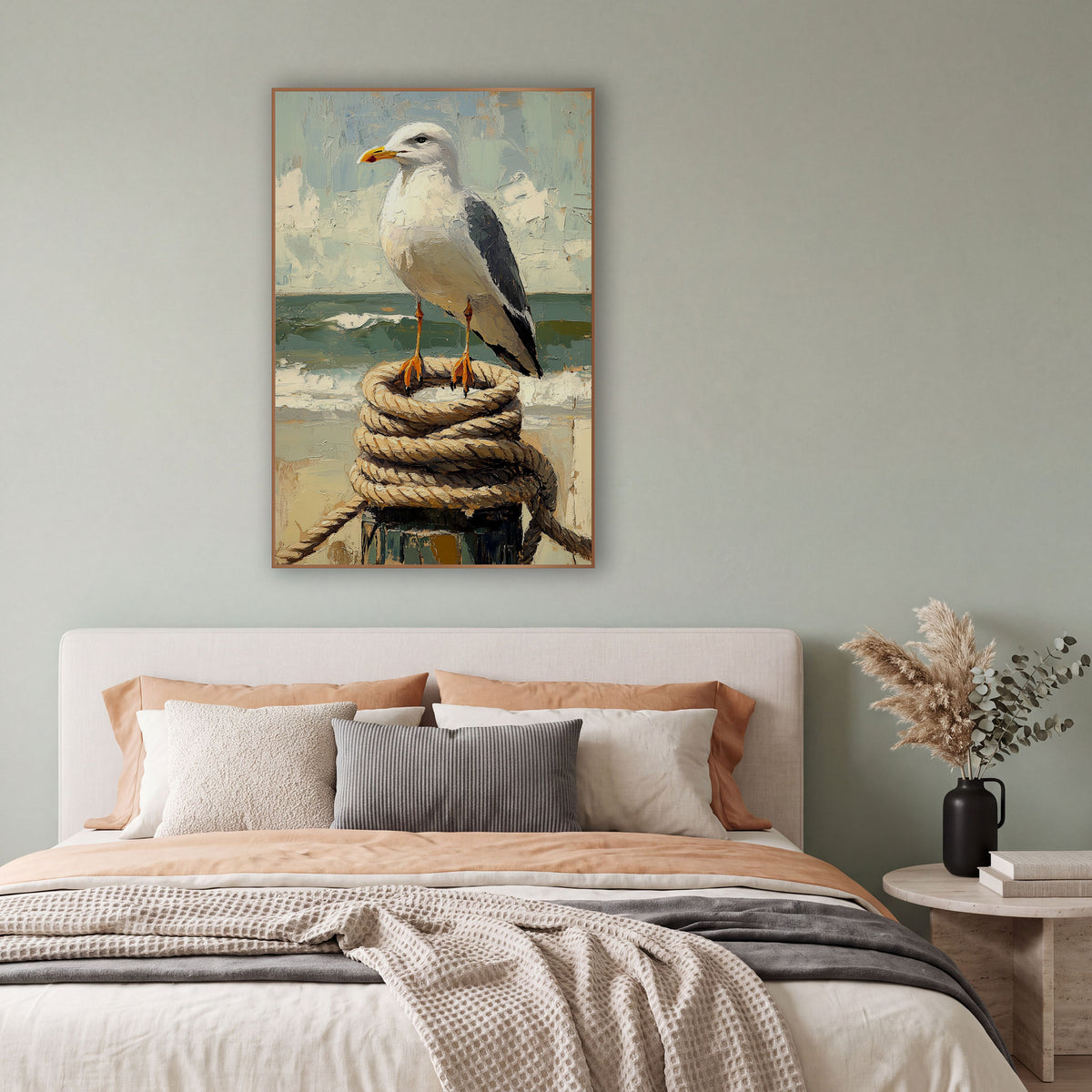 Coastal Seagull on Rope Post wall art in a bright coastal-style room – white seagull with yellow beak standing