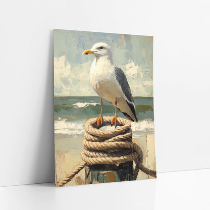 Coastal Seagull on Rope Post art print leaning against a white wall – white seagull with yellow beak standing on a coiled