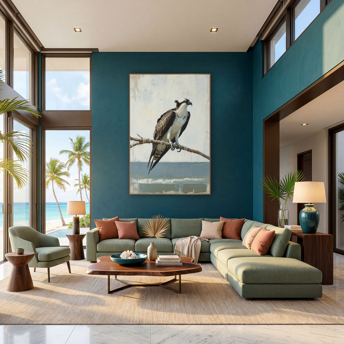 Perched Osprey Coastal Bird Study wall art in a bright coastal-style room – osprey with white chest and brown wings