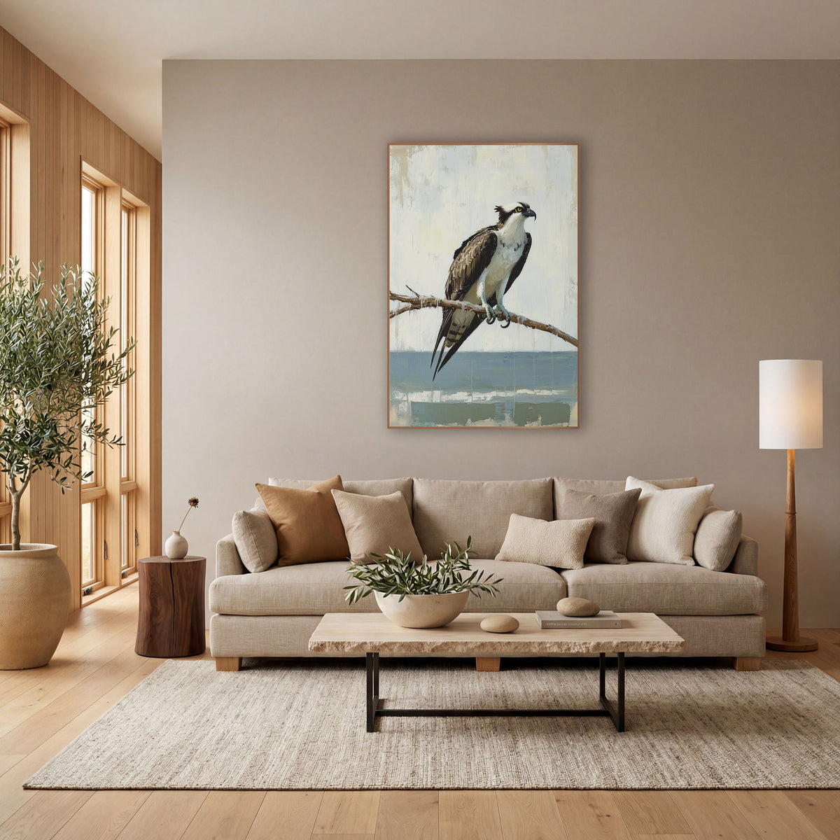 Perched Osprey Coastal Bird Study wall art in a bright coastal-style room – osprey with white chest and brown wings