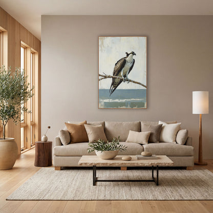 Perched Osprey Coastal Bird Study wall art in a bright coastal-style room – osprey with white chest and brown wings