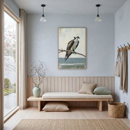 Perched Osprey Coastal Bird Study wall art in a bright coastal-style room – osprey with white chest and brown wings