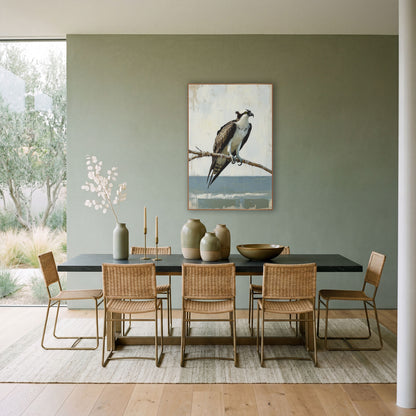 Perched Osprey Coastal Bird Study wall art in a bright coastal-style room – osprey with white chest and brown wings