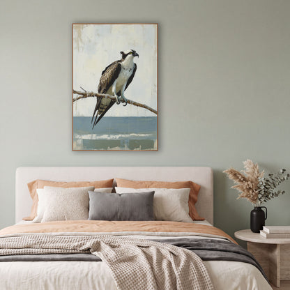 Perched Osprey Coastal Bird Study wall art in a bright coastal-style room – osprey with white chest and brown wings