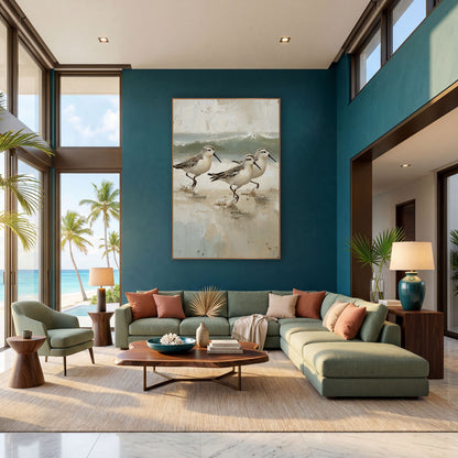 Running Sandpipers Coastal Shoreline Scene wall art in a bright coastal-style room – three sandpipers running across